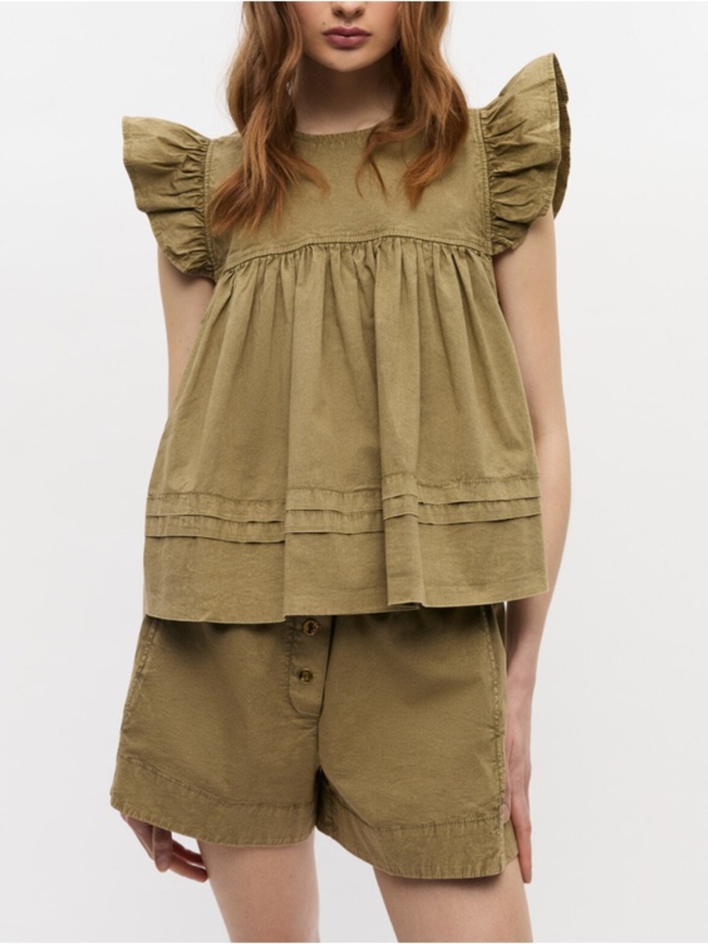 Ganni Olive Green Ruffled Two-Piece Set - Picture 3 of 5